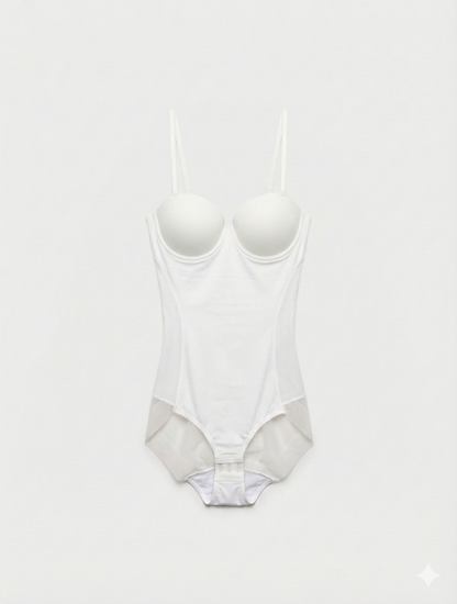 White bodysuit on a light gray background