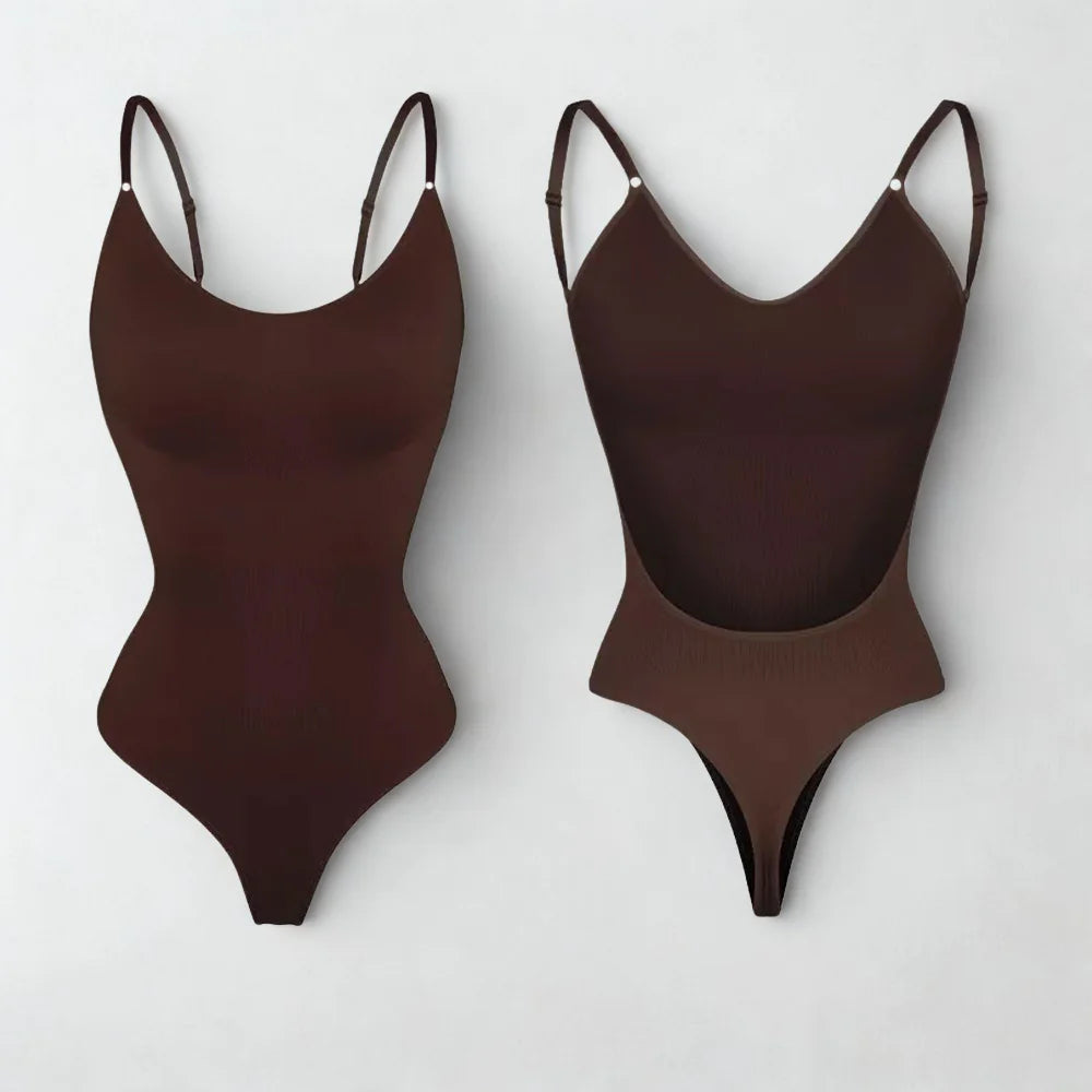 Two brown swimsuits on a light gray background