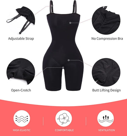 Black shapewear bodysuit with features highlighted on a red background