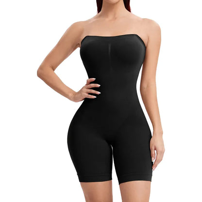 Black strapless bodysuit worn by a model on a white background