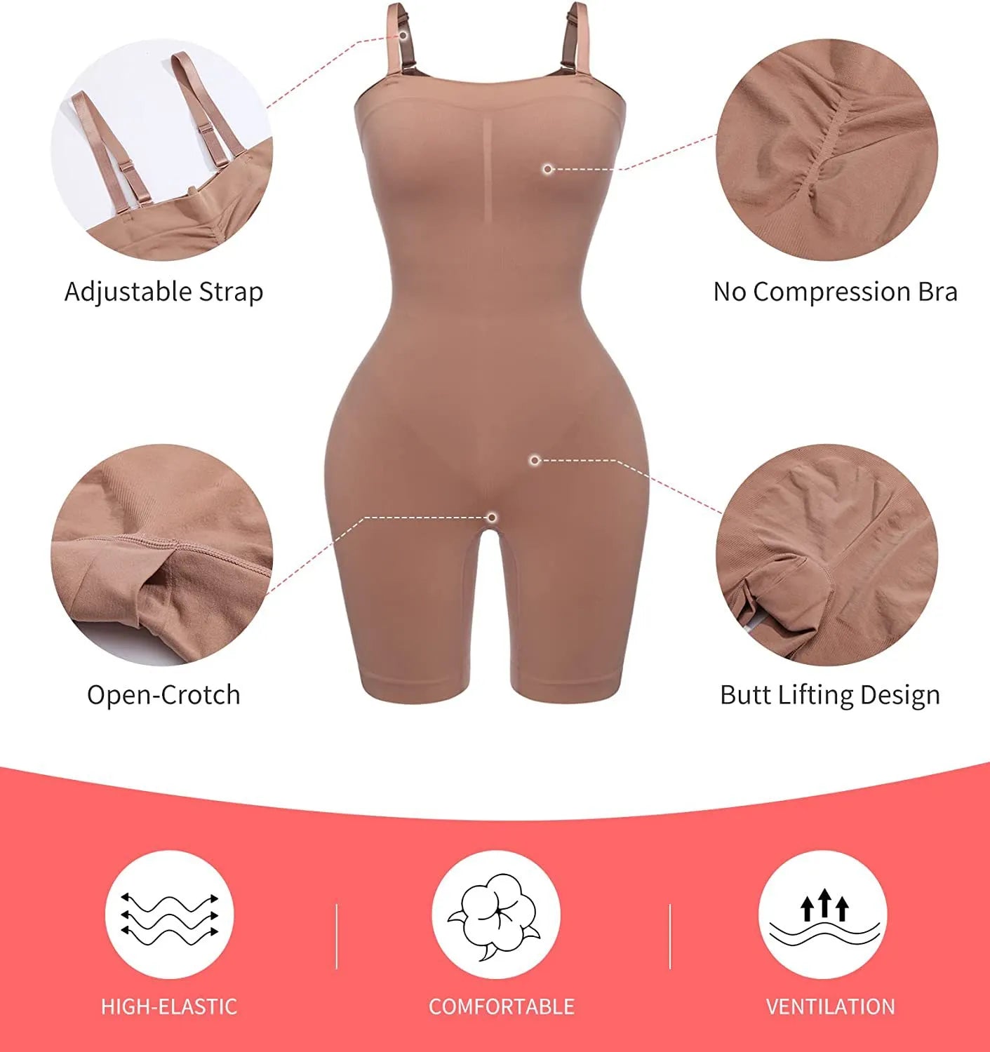 Brown shapewear bodysuit with features highlighted on a red background