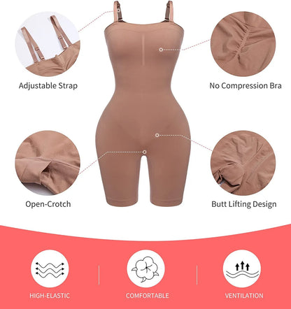 Brown shapewear bodysuit with features highlighted on a red background